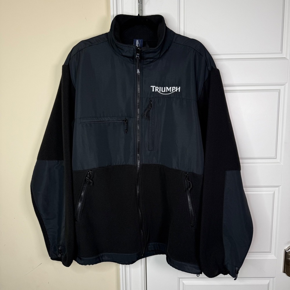 Triumph Motorcycles Fleece Jacket Mens 2XL Black Full Zip Soft Shell Biker Coat